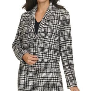 Calvin Klein Women’s Plaid Tweed Cropped Blazer Black Cream Size 8